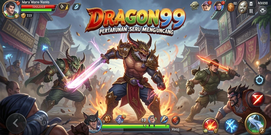 Screenshot gameplay DRAGON99 menampilkan pertarungan seru dengan karakter unik.