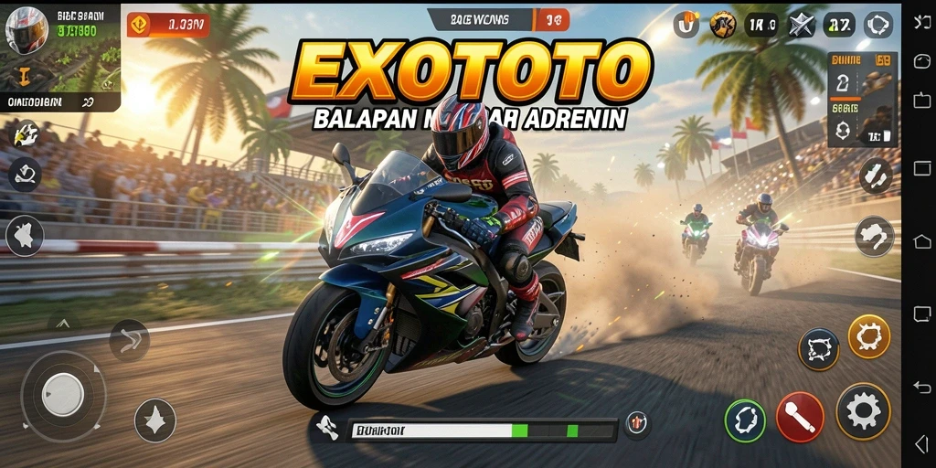 Gameplay seru dalam balapan motor EXOTOTO yang mendebarkan.