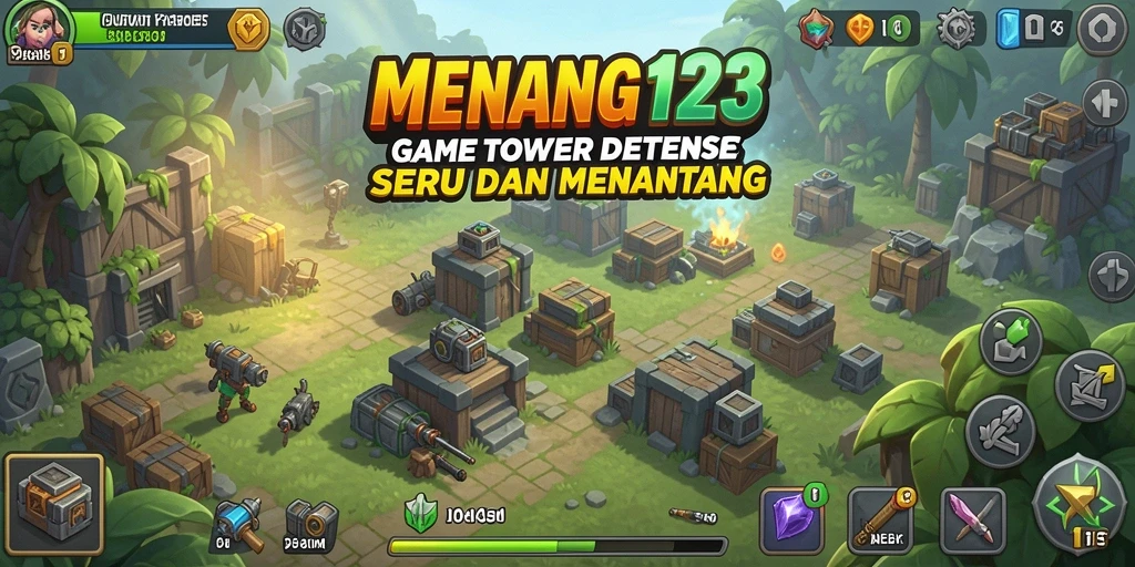 Tampilan gameplay seru MENANG123 dengan menara strategis.