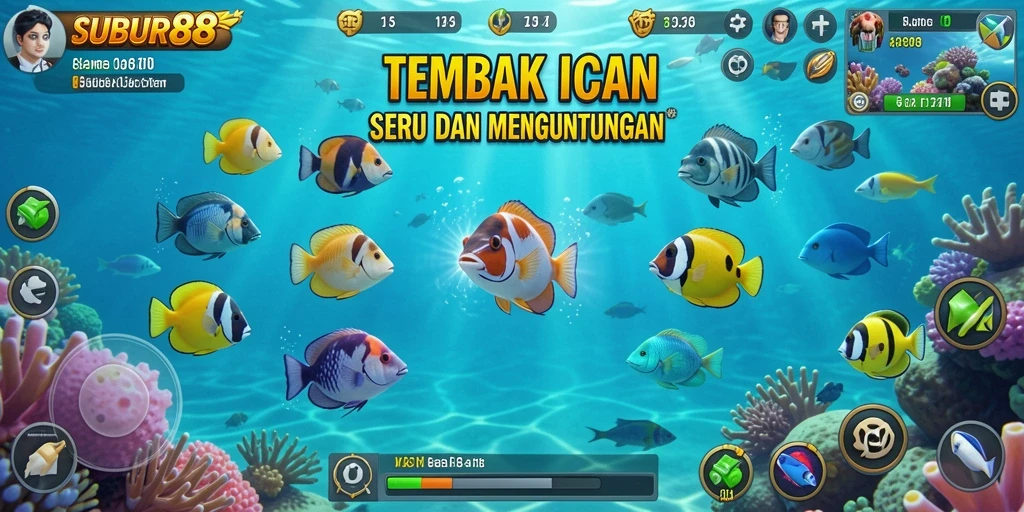 Tampilan gameplay SUBUR88 dengan berbagai jenis ikan yang menarik.
