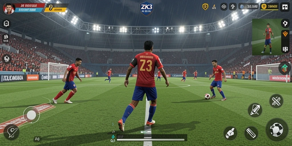Gameplay ZK3 dengan aksi sepak bola yang intens dan menarik.